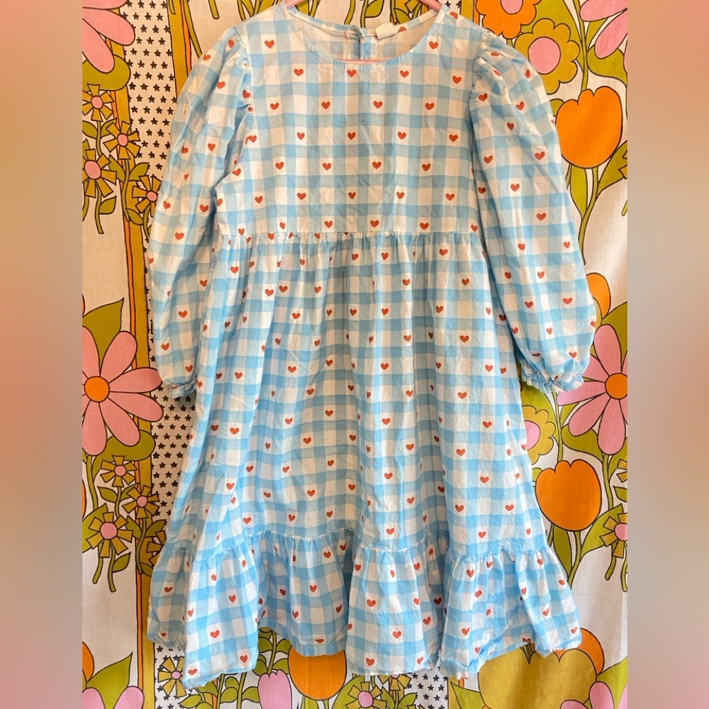100% Cotton Blue & White Gingham Prairie Dress with Hearts Pattern
